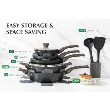 SENSARTE Pots and Pans Set Nonstick, 14 Pcs Induction Cookware Sets, Non-toxic Non Stick Kitchen Cooking Set with Frying Pans Set & Saucepan, PFOA PFOS APEO Free, Black