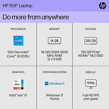 HP 15.6" Laptop, 12th Gen Intel i5, 16GB RAM