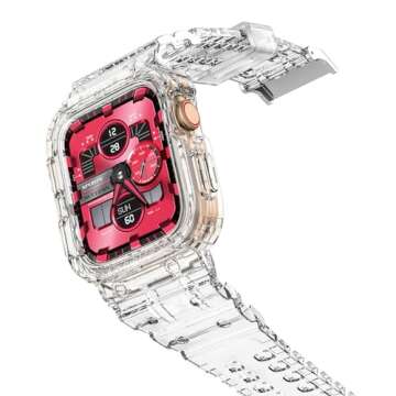 amBand Compatible for Apple Watch Band 45mm 44mm 42mm with Bumper Case, Crystal Cute Women Strap for iWatch SE/SE 2nd Series 9 8 7 6 5 4 3 2, Sport Transparent Jelly Protective Cases Protector, Clear
