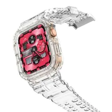 amBand Compatible for Apple Watch Band 45mm 44mm 42mm with Bumper Case, Crystal Cute Women Strap for iWatch SE/SE 2nd Series 9 8 7 6 5 4 3 2, Sport Transparent Jelly Protective Cases Protector, Clear