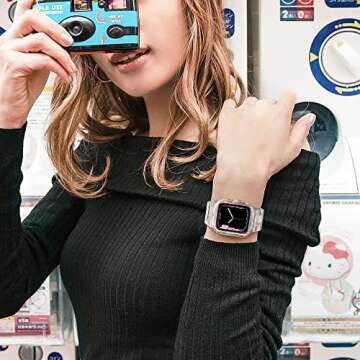 amBand Compatible for Apple Watch Band 45mm 44mm 42mm with Bumper Case, Crystal Cute Women Strap for iWatch SE/SE 2nd Series 9 8 7 6 5 4 3 2, Sport Transparent Jelly Protective Cases Protector, Clear