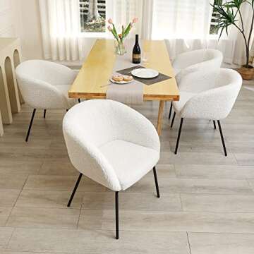 ONEVOG Cozy Sherpa Dining Chair, White Boucle Chairs with Arms, Curved Back Makeup Vanity Chair for Girls Women, Upholstered Dining Room Chair, Black Metal Legs, Set of 2
