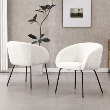 ONEVOG Cozy Sherpa Dining Chair, White Boucle Chairs with Arms, Curved Back Makeup Vanity Chair for Girls Women, Upholstered Dining Room Chair, Black Metal Legs, Set of 2