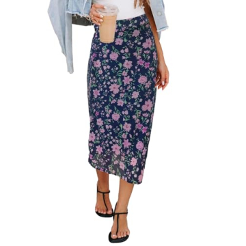 HERBATOMIA Summer Midi Ditsy Floral Print Skirt Zipper High Elastic Waist Casual Vintage Straight Lo...