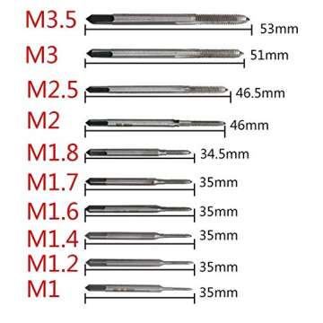 10 Pcs Micro Taps for Clocks and Watches Tapping, Mini Spiral Flute Taps Machine Tap Sets Metric Straight Flute Coarse Thread Design, M1 M1.2 M1.4 M1.6 M1.7 M1.8 M2 M2.5 M3 M3.5