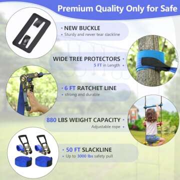 NINJA LINE 2x56FT Ninja Warrior Obstacle Course for Kids, Ninja Slackline with 11 Accessories, Slackline Kit with Pulley, Rope Ladder, Monkey Bar,Arm Trainer, Climbing Rope