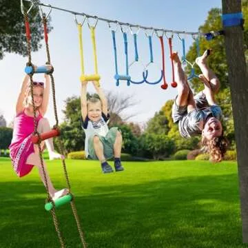 NINJA LINE 2x56FT Ninja Warrior Obstacle Course for Kids, Ninja Slackline with 11 Accessories, Slackline Kit with Pulley, Rope Ladder, Monkey Bar,Arm Trainer, Climbing Rope
