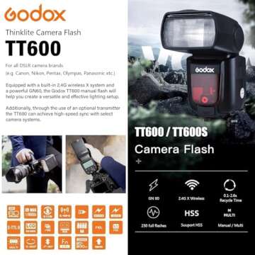 Godox TT600 2.4G Wireless Camera Flash Speedlite with Diffuser, Master/Slave GN60 Manual Flash, HSS when paired off camera with Godox X Trigger System for Canon Nikon Pentax Olympus Fujifilm Panasonic