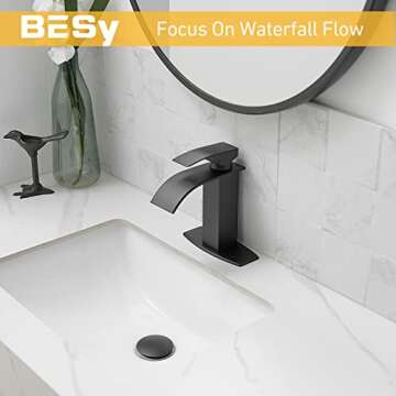 BESy Black Waterfall Spout Bathroom Faucet, Single Hole 1 Hole 3 Holes Single Handle Bathroom Sink F...
