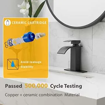 BESy Black Waterfall Spout Bathroom Faucet, Single Hole 1 Hole 3 Holes Single Handle Bathroom Sink Faucet, Vanity Faucet with 6 Inch Deck Plate, cUPC Waterlines, Matte Black