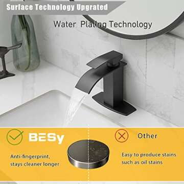 BESy Black Waterfall Spout Bathroom Faucet, Single Hole 1 Hole 3 Holes Single Handle Bathroom Sink Faucet, Vanity Faucet with 6 Inch Deck Plate, cUPC Waterlines, Matte Black