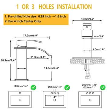 BESy Black Waterfall Spout Bathroom Faucet, Single Hole 1 Hole 3 Holes Single Handle Bathroom Sink Faucet, Vanity Faucet with 6 Inch Deck Plate, cUPC Waterlines, Matte Black