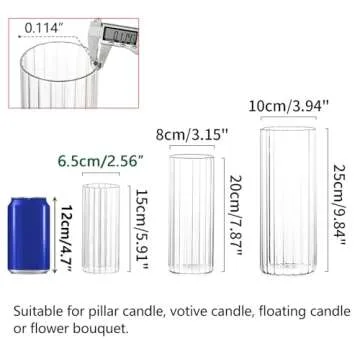 Hewory Glass Cylinder Ribbed Vases Set of 6, Tall Clear Vase for Centerpieces, Hurricane Candle Holders for Pillar or Floating Candles, Round Vases for Wedding Anniversary Events Home Table Decor