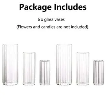 Hewory Glass Cylinder Ribbed Vases Set of 6, Tall Clear Vase for Centerpieces, Hurricane Candle Holders for Pillar or Floating Candles, Round Vases for Wedding Anniversary Events Home Table Decor
