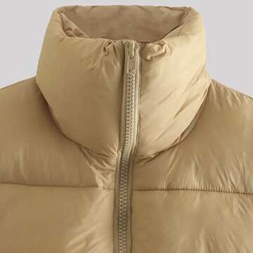 KEOMUD Women's Winter Crop Vest Lightweight Sleeveless Warm Outerwear Puffer Vest Padded Gilet Khaki Large