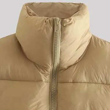 KEOMUD Women's Winter Crop Vest Lightweight Sleeveless Warm Outerwear Puffer Vest Padded Gilet Khaki Large