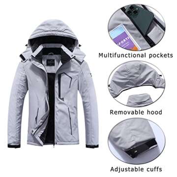 Pooluly Women's Ski Jacket Warm Winter Waterproof Windbreaker Hooded Raincoat Snowboarding Jackets Light Gray-XL