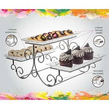 Godinger Silver Art Dublin 3 Tiered Glass Buffet Serving Tray - Chrome Plated Platter Stand with Starburst Design - Party and Event Dessert and Food Display Server