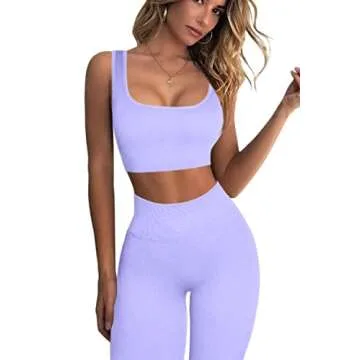 QINSEN Ribbed Workout Outfits for Women 2 Piece Seamless Sport Bra High Waist Yoga Leggings Sets Lig...