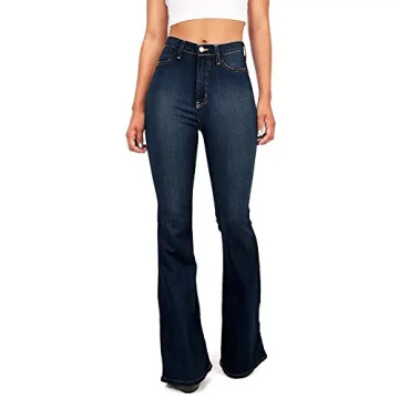 Vibrant Women's Juniors Bell Bottom High Waist Fitted Denim Jeans EP522 Super Dark Denim