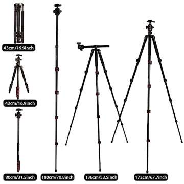 70" Horizontal Overhead Travel Tripod with Ball Head and Phone Clamp Compatible with Cameras Projector and iPhone 15 Pro Max with Rotatable Center Column 5-Section Aluminum Alloy Tripod Max.Load 10kg