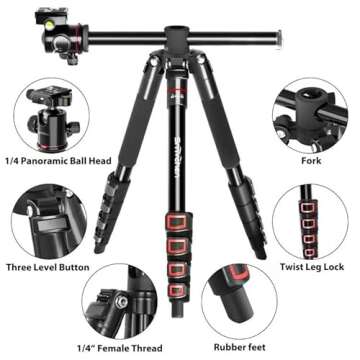 70" Horizontal Overhead Travel Tripod with Ball Head and Phone Clamp Compatible with Cameras Projector and iPhone 15 Pro Max with Rotatable Center Column 5-Section Aluminum Alloy Tripod Max.Load 10kg