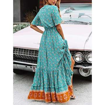 R.Vivimos Womens Summer Cotton Short Sleeve V Neck Floral Print Casual Bohemian Midi Dresses (Small, Green)