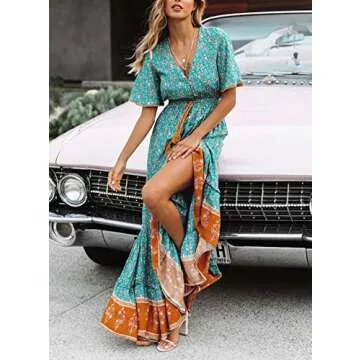R.Vivimos Womens Summer Cotton Short Sleeve V Neck Floral Print Casual Bohemian Midi Dresses (Small, Green)