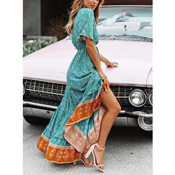 R.Vivimos Womens Summer Cotton Short Sleeve V Neck Floral Print Casual Bohemian Midi Dresses (Small, Green)