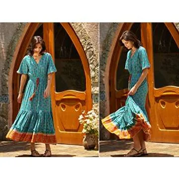 R.Vivimos Womens Summer Cotton Short Sleeve V Neck Floral Print Casual Bohemian Midi Dresses (Small, Green)