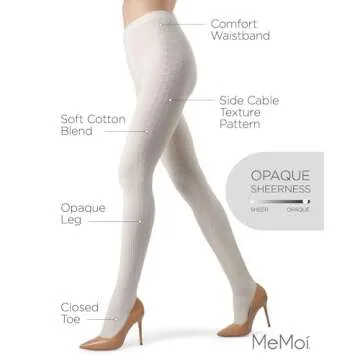 MeMoi Portland Side Cable Knit Cotton Tights for Women, Cozy Sweater Tights, Warm Womens Tights - Winter White Small/Medium