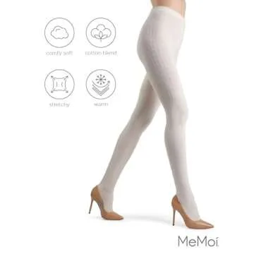MeMoi Portland Side Cable Knit Cotton Tights for Women, Cozy Sweater Tights, Warm Womens Tights - Winter White Small/Medium