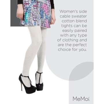 MeMoi Portland Side Cable Knit Cotton Tights for Women, Cozy Sweater Tights, Warm Womens Tights - Winter White Small/Medium