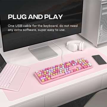 MOWUX Computer Keyboard Wired, Plug and Play USB Retro Round Typewriter Keyboard, Full Size Wired Ke...