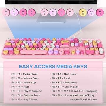 MOWUX Computer Keyboard Wired, Plug and Play USB Retro Round Typewriter Keyboard, Full Size Wired Keyboard with Foldable Stands for Laptop and Office PC- Pink Colorful