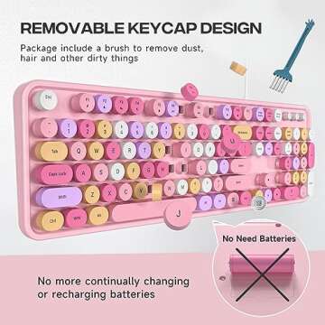 MOWUX Computer Keyboard Wired, Plug and Play USB Retro Round Typewriter Keyboard, Full Size Wired Keyboard with Foldable Stands for Laptop and Office PC- Pink Colorful