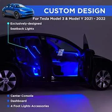 Nestour 2021 2022 2023 Tesla Model 3 Y Interior Car Neon Lights (Center Console+Dashboard+Seat+4 Foot Lights) with Matching Armrest Organizer, Ambient APP-Controlled RGB LED Strip Lights