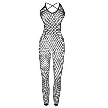XIUSEMY Women Sexy Lingerie Full Body Bodysuits V Neck Mesh Fishnet Stockings Lingerie Nightwear(Bla...