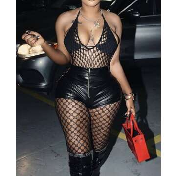 XIUSEMY Women Sexy Lingerie Full Body Bodysuits V Neck Mesh Fishnet Stockings Lingerie Nightwear(Black,one size)