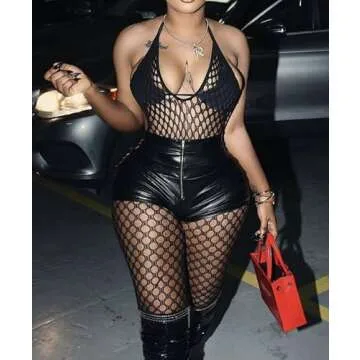 XIUSEMY Women Sexy Lingerie Full Body Bodysuits V Neck Mesh Fishnet Stockings Lingerie Nightwear(Black,one size)