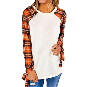 Stylish Famulily Women's Casual Plaid Print T-Shirt with Tie Sleeves