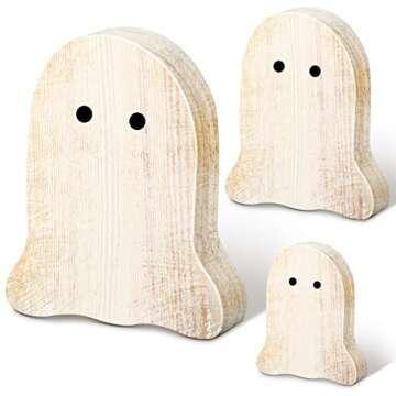 Qunclay 3 Pcs Halloween Ghost Table Centerpieces Decor Wooden Ghost Shelf Sitters Haunted House Tiered Tray Decorations Spooky Ghost Signs Rustic Kitchen Decor for Fall Halloween Party Home Office