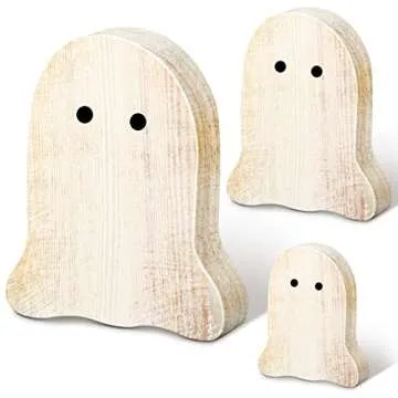 Qunclay 3 Pcs Halloween Ghost Table Centerpieces Decor Wooden Ghost Shelf Sitters Haunted House Tiered Tray Decorations Spooky Ghost Signs Rustic Kitchen Decor for Fall Halloween Party Home Office