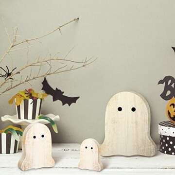 Qunclay 3 Pcs Halloween Ghost Table Centerpieces Decor Wooden Ghost Shelf Sitters Haunted House Tiered Tray Decorations Spooky Ghost Signs Rustic Kitchen Decor for Fall Halloween Party Home Office