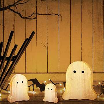 Qunclay 3 Pcs Halloween Ghost Table Centerpieces Decor Wooden Ghost Shelf Sitters Haunted House Tiered Tray Decorations Spooky Ghost Signs Rustic Kitchen Decor for Fall Halloween Party Home Office