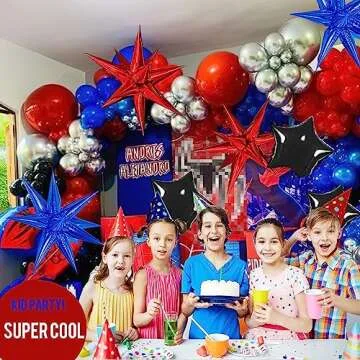 Blue Red Black Balloons Garland Arch Kit 130PCS with Large Starburs mylar balloons for Spider Theme kid birthday Party Man Superhero inspired Decortions