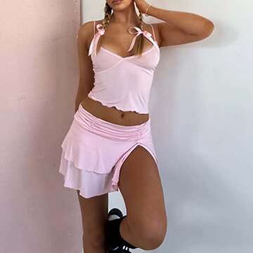 SOLILOQUY Women 2 Piece Outfits 2023 Summer Y2K Fairy Side Drawstring Bow Tie Crop Top and Skirt Cute Vintage Short Dress Set, T-pink Pleated Skirt Set, Large