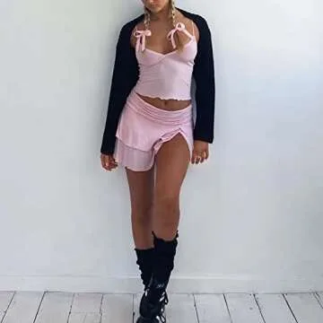 SOLILOQUY Women 2 Piece Outfits 2023 Summer Y2K Fairy Side Drawstring Bow Tie Crop Top and Skirt Cute Vintage Short Dress Set, T-pink Pleated Skirt Set, Large
