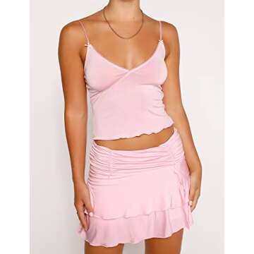 SOLILOQUY Women 2 Piece Outfits 2023 Summer Y2K Fairy Side Drawstring Bow Tie Crop Top and Skirt Cute Vintage Short Dress Set, T-pink Pleated Skirt Set, Large