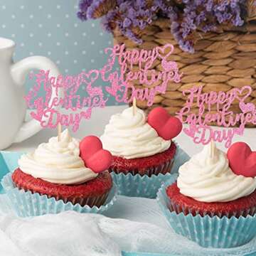 36 PCS Happy Galentine's Day Cupcake Toppers Glitter Sweet Love Valentine Cupcake Picks Valentine's Day Theme Birthday Party Cake Decorations Supplies Pink